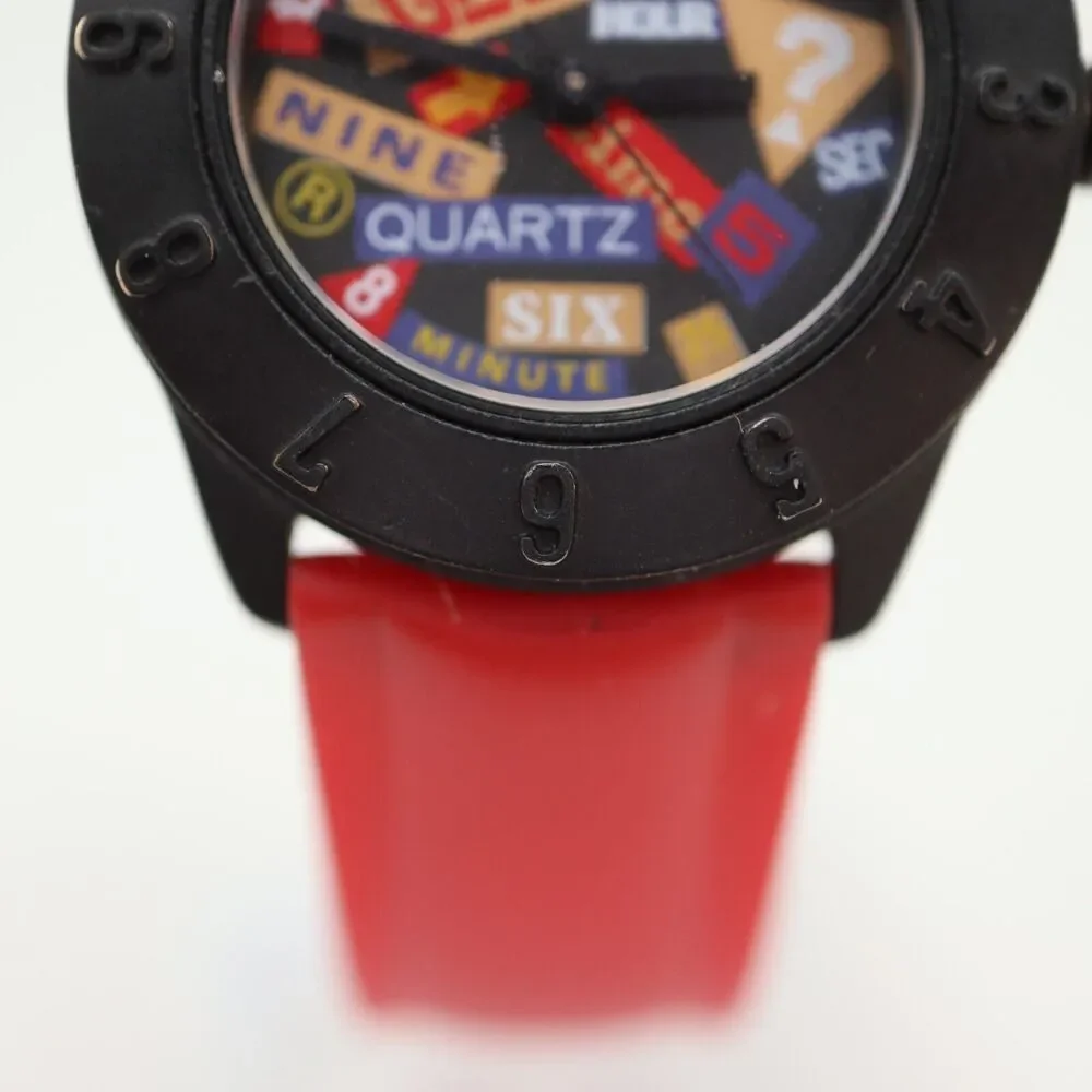 Vintage Guess Watch 30mm Women Retro Art Word Dial 1989 Red Strap w New Battery